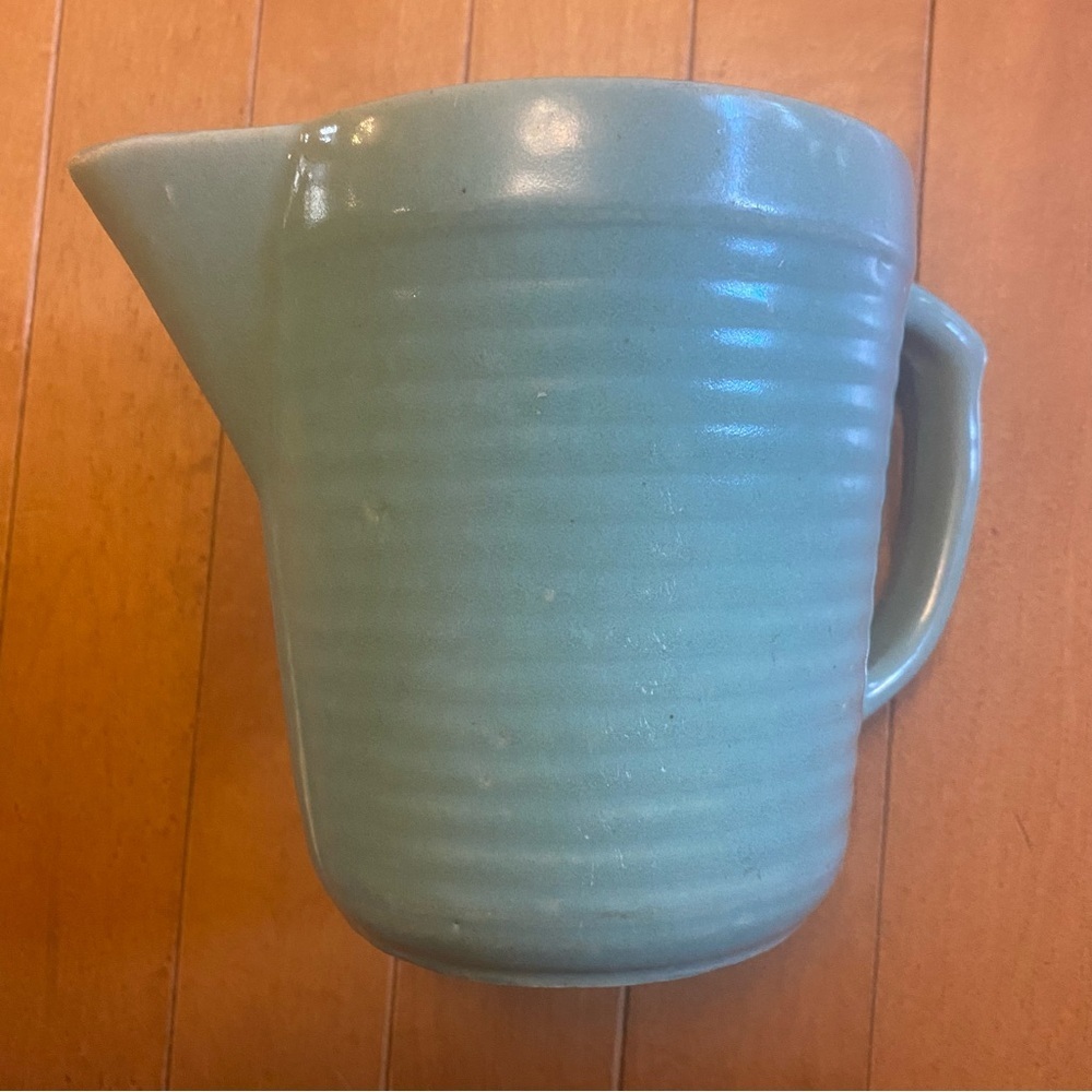 Vintage Monmouth USA Pottery Heavy Small Green/Blue Colour Pitcher Rib Design
